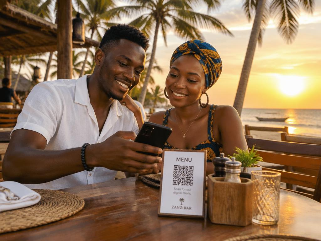Couple scanning a QR menu at a Zanzibar beach restaurant