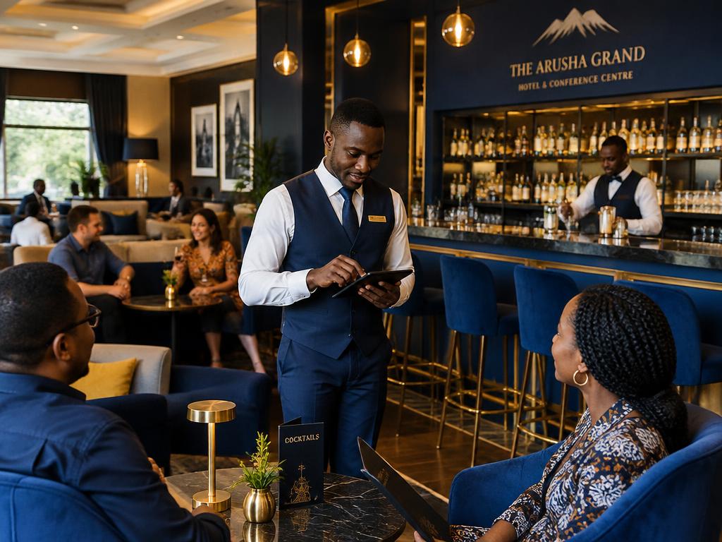 Waiter taking an order on a tablet in an Arusha hotel lounge