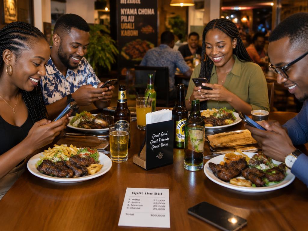 Friends splitting a restaurant bill on their phones