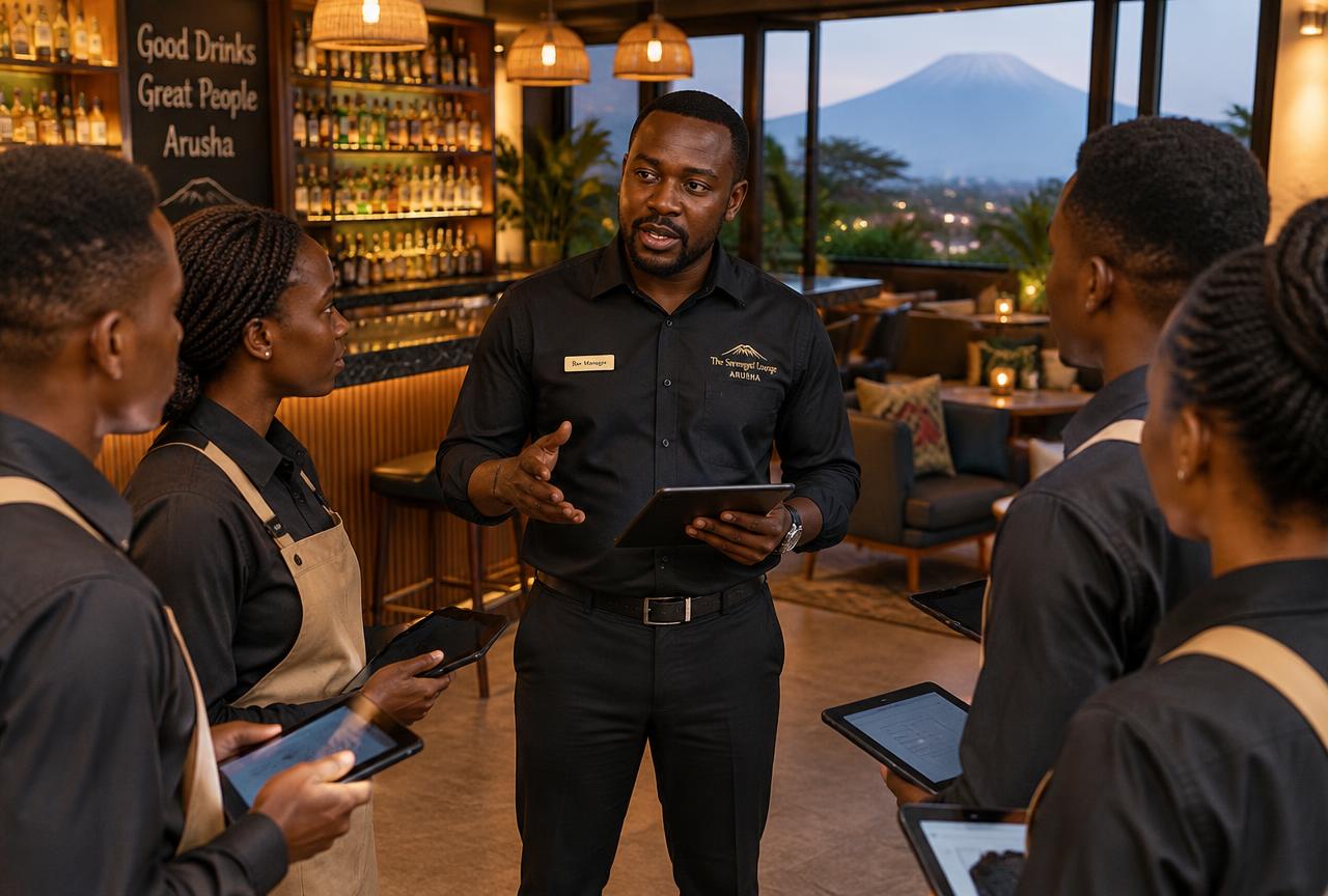 Bar manager briefing waiters holding tablets before service